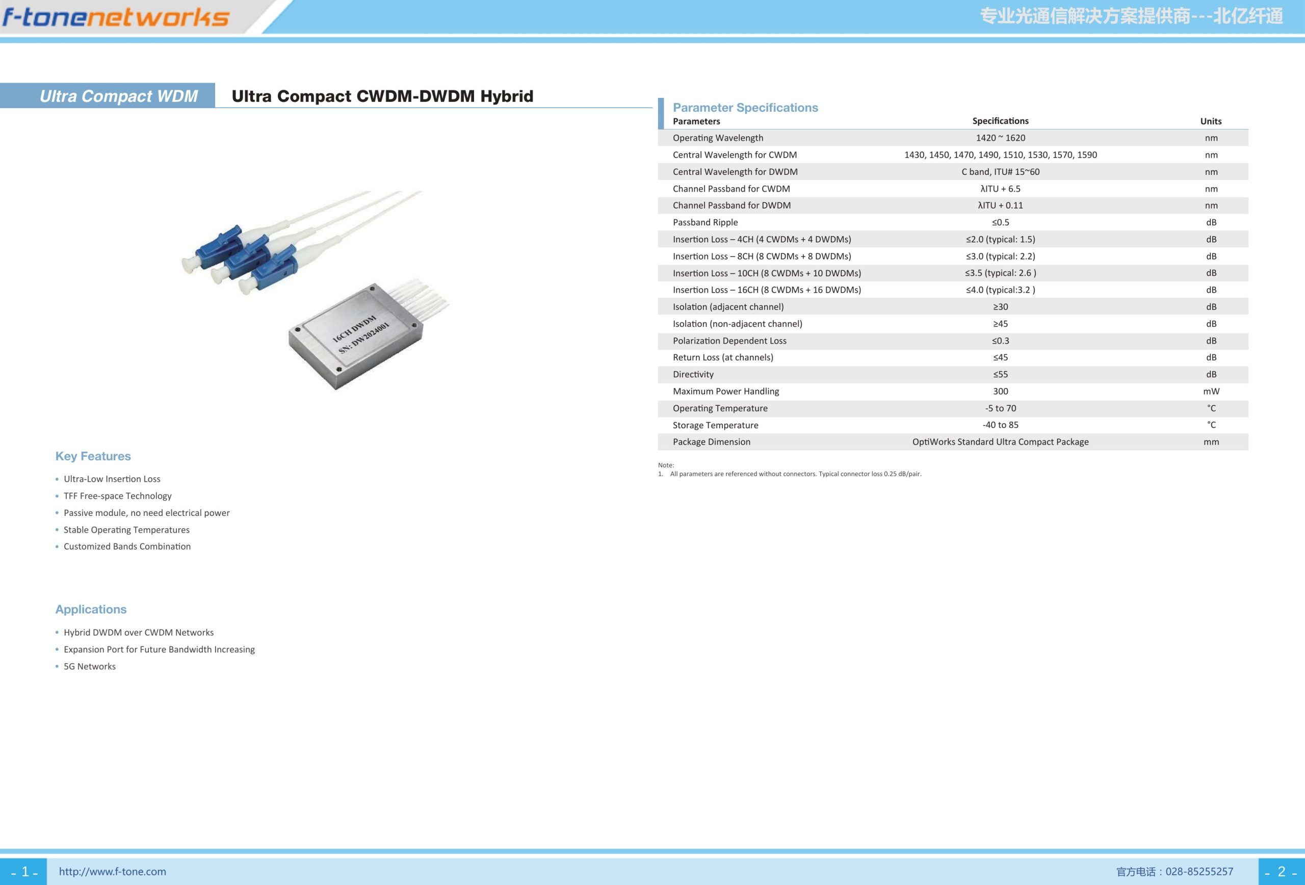 Ultra Compact CWDM-DWDM Hybrid 微型混合波分复用器（FT-AI系列）