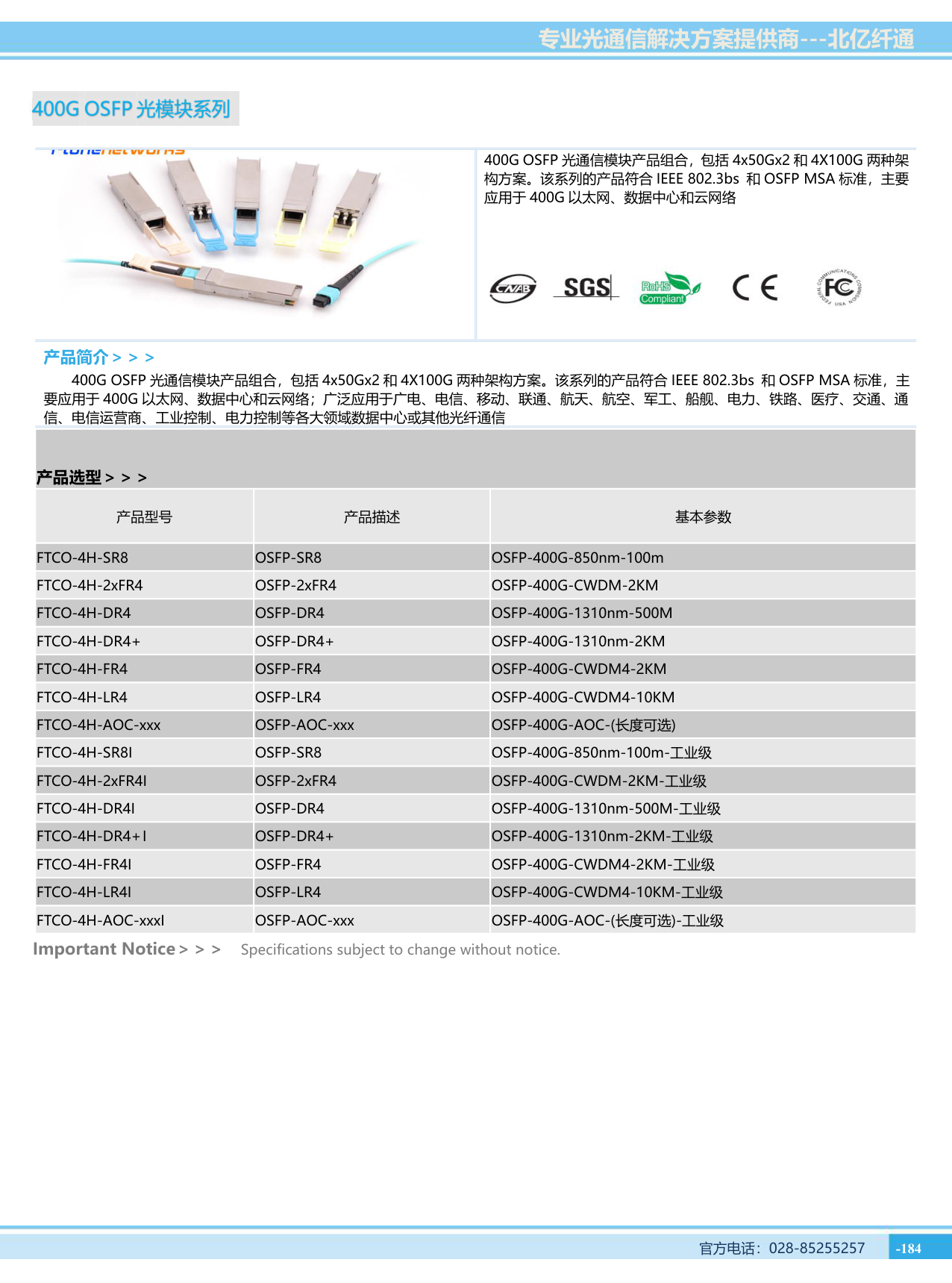 XFP/CFP/CFPx/CXP/OSFP系列光模块