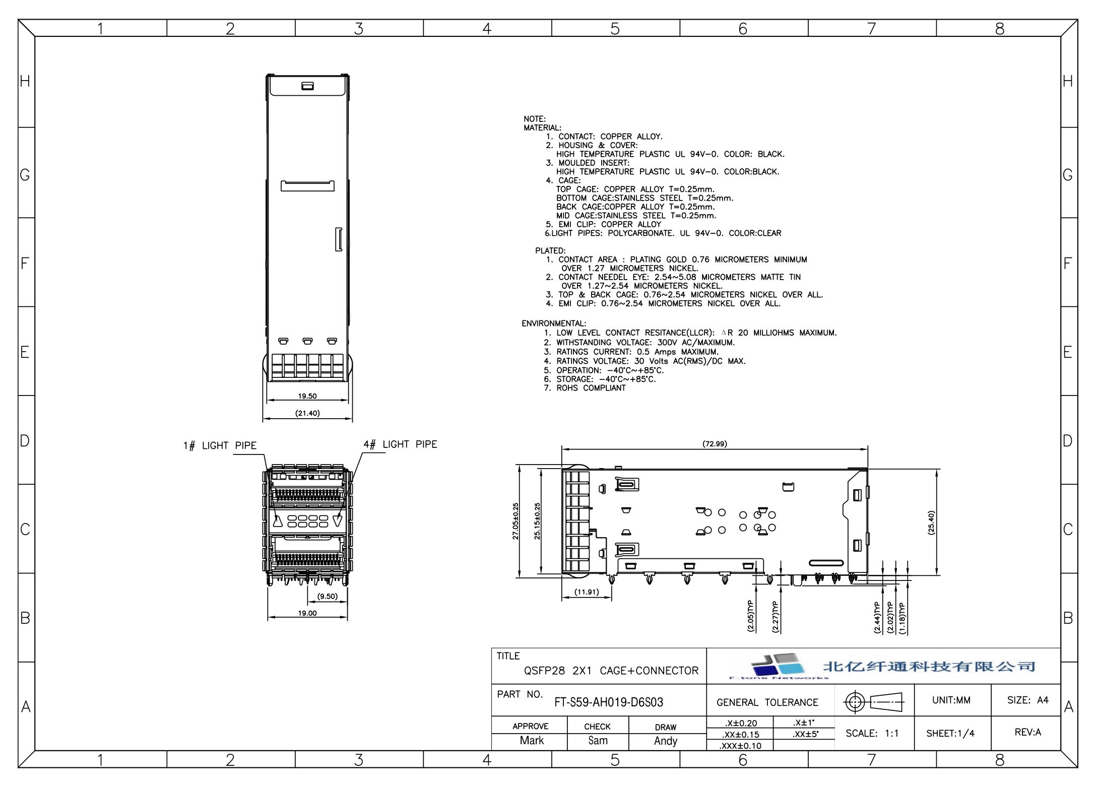 FT-S59-AH019-D6S03 QSFP28 2X1 CAGE+CONNECTOR 装配图