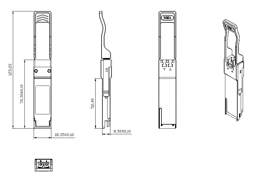FTQ2-HG-ZR4 QSFP28 模块机械尺寸图 — 正视图/侧视图/背视图/轴测图