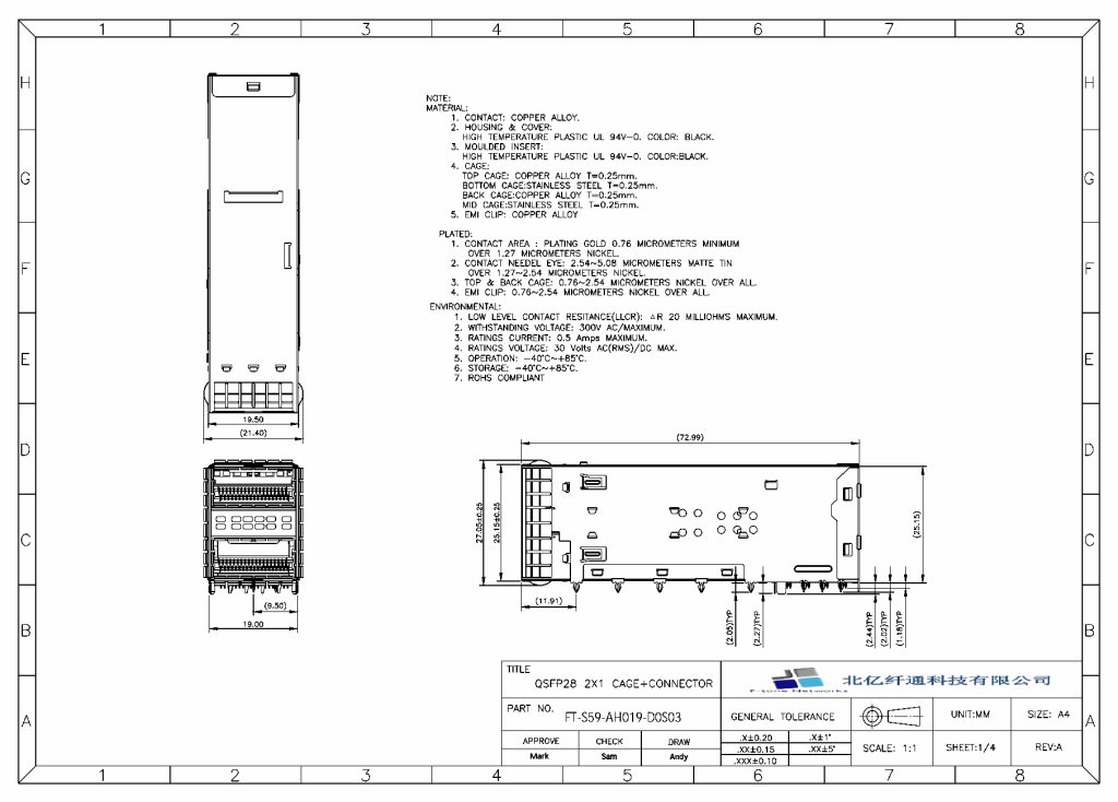QSFP28 2x1 Cage+Connector 技术图纸