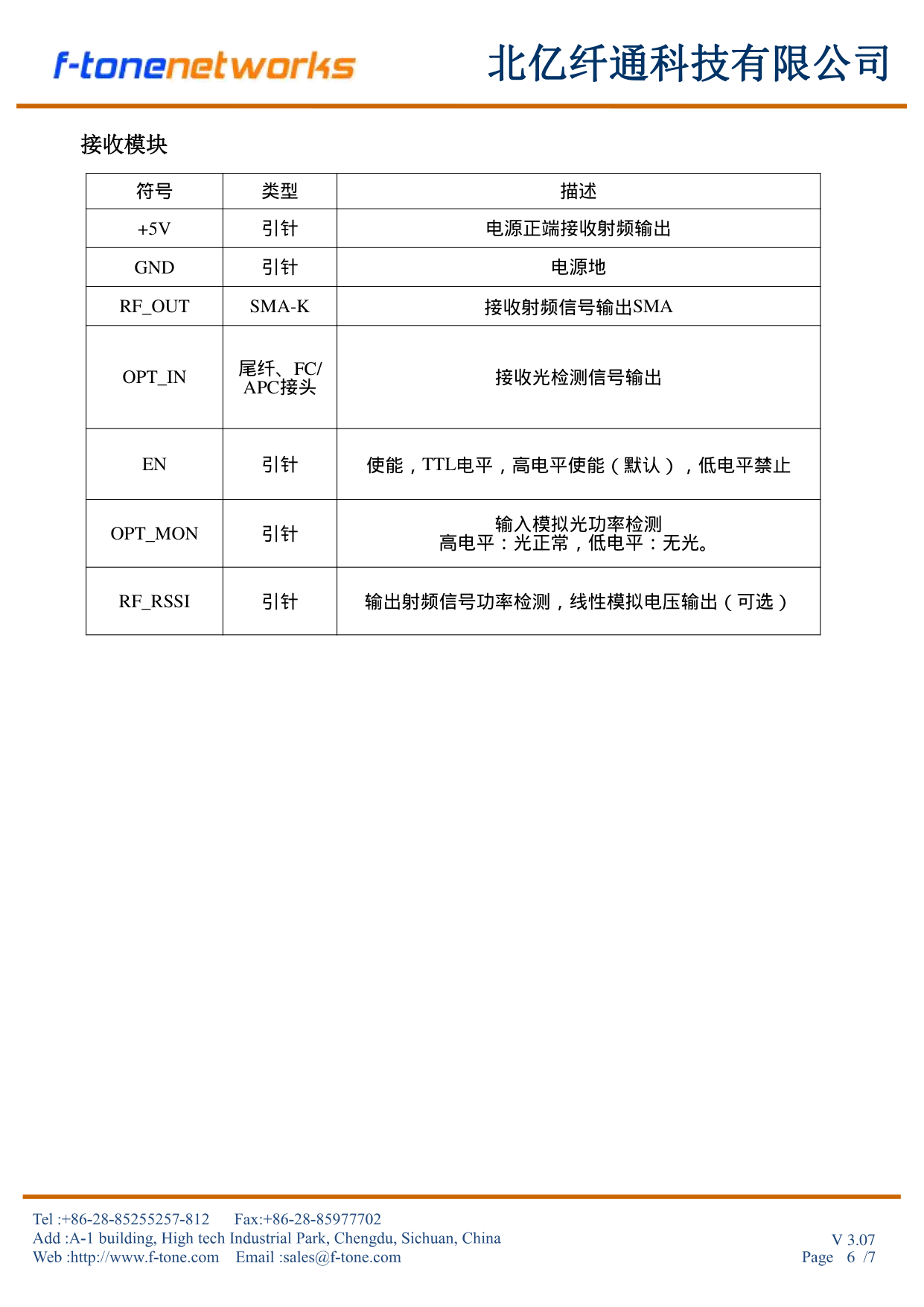 FT-49 AMAT 时钟光收发模块 接收模块接口定义