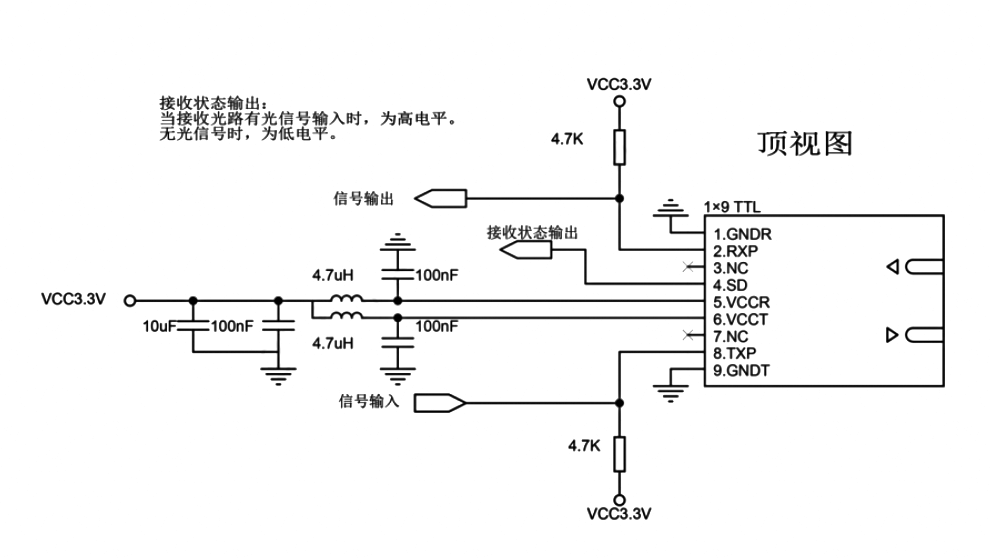 1×9 TTL 光模块外围应用参考电路（3.3V 供电完整设计）