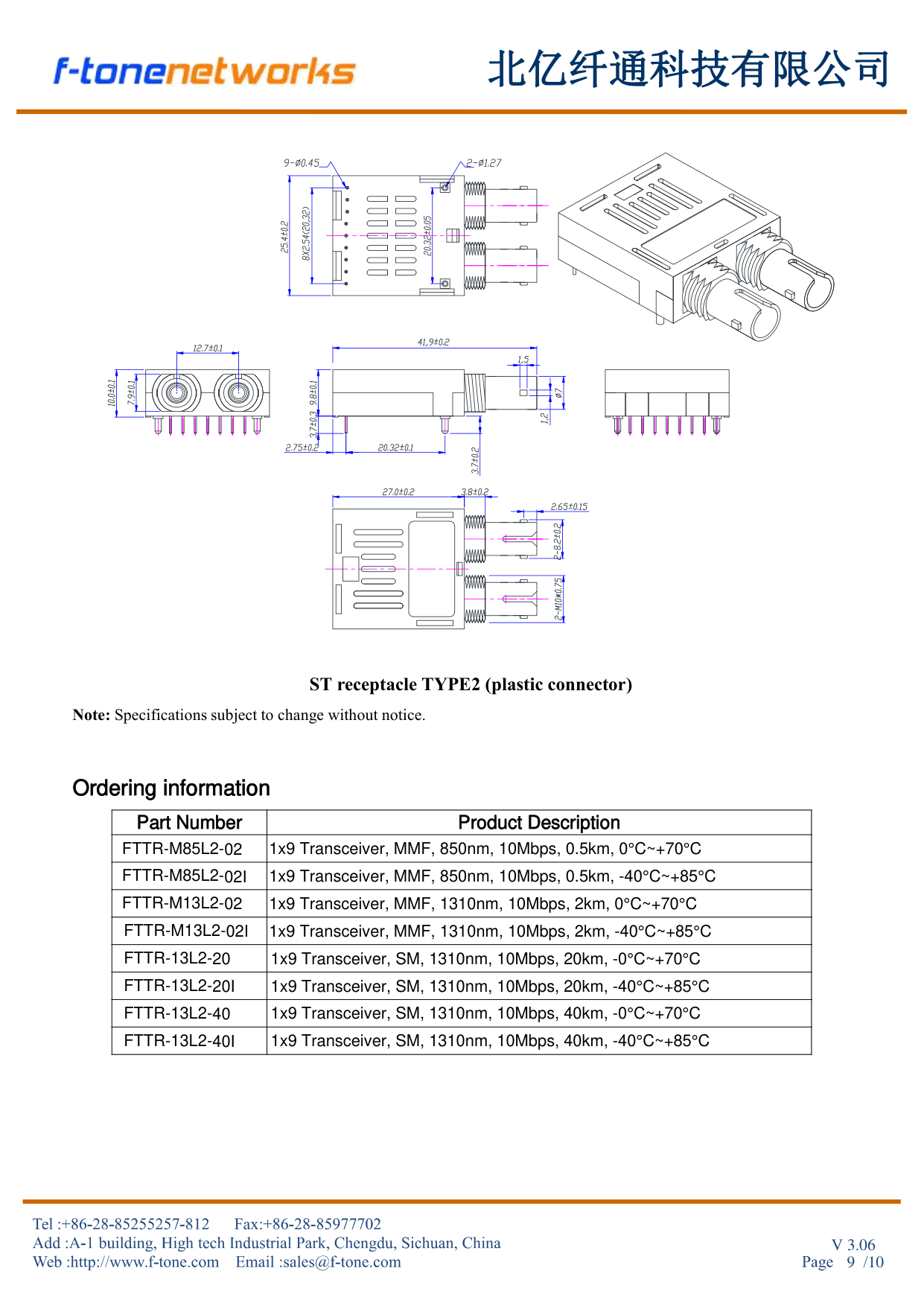 FTTR-xxL2-xxxx ST Receptacle TYPE2（Plastic Connector）机械尺寸图 + 订购信息