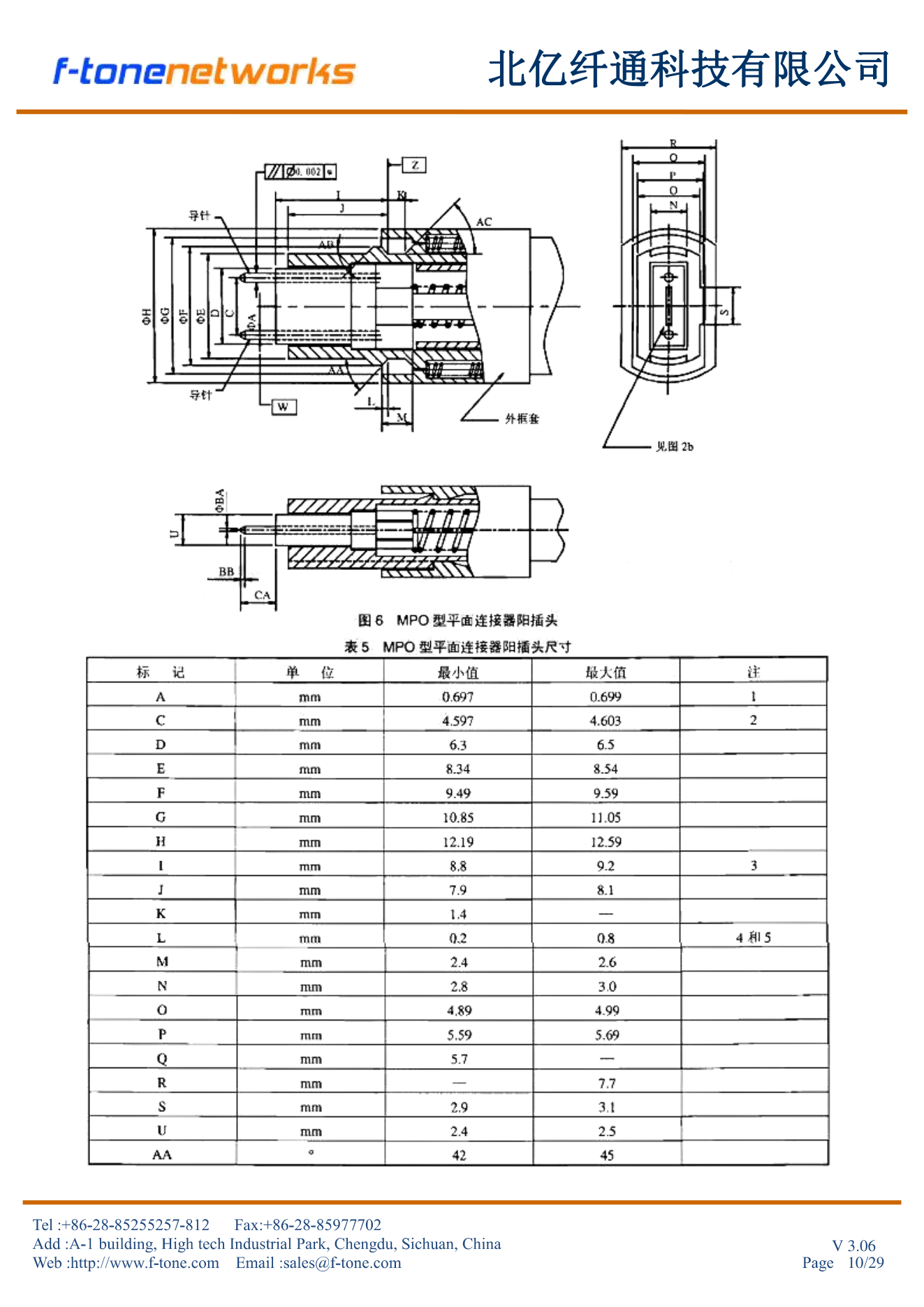 图6+表5 MPO型平面连接器阳插头