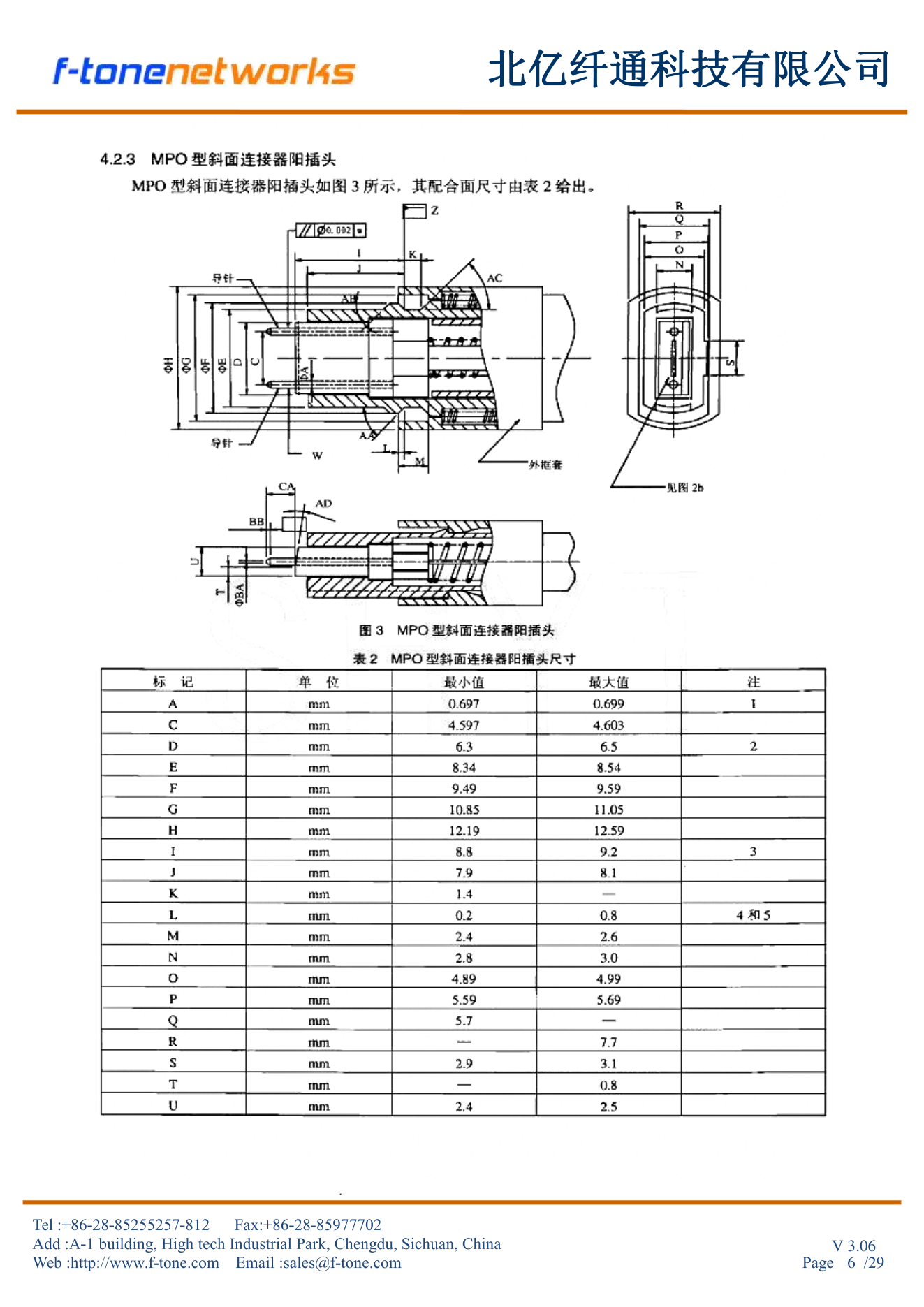 MPO型斜面连接器阳插头图3+表2