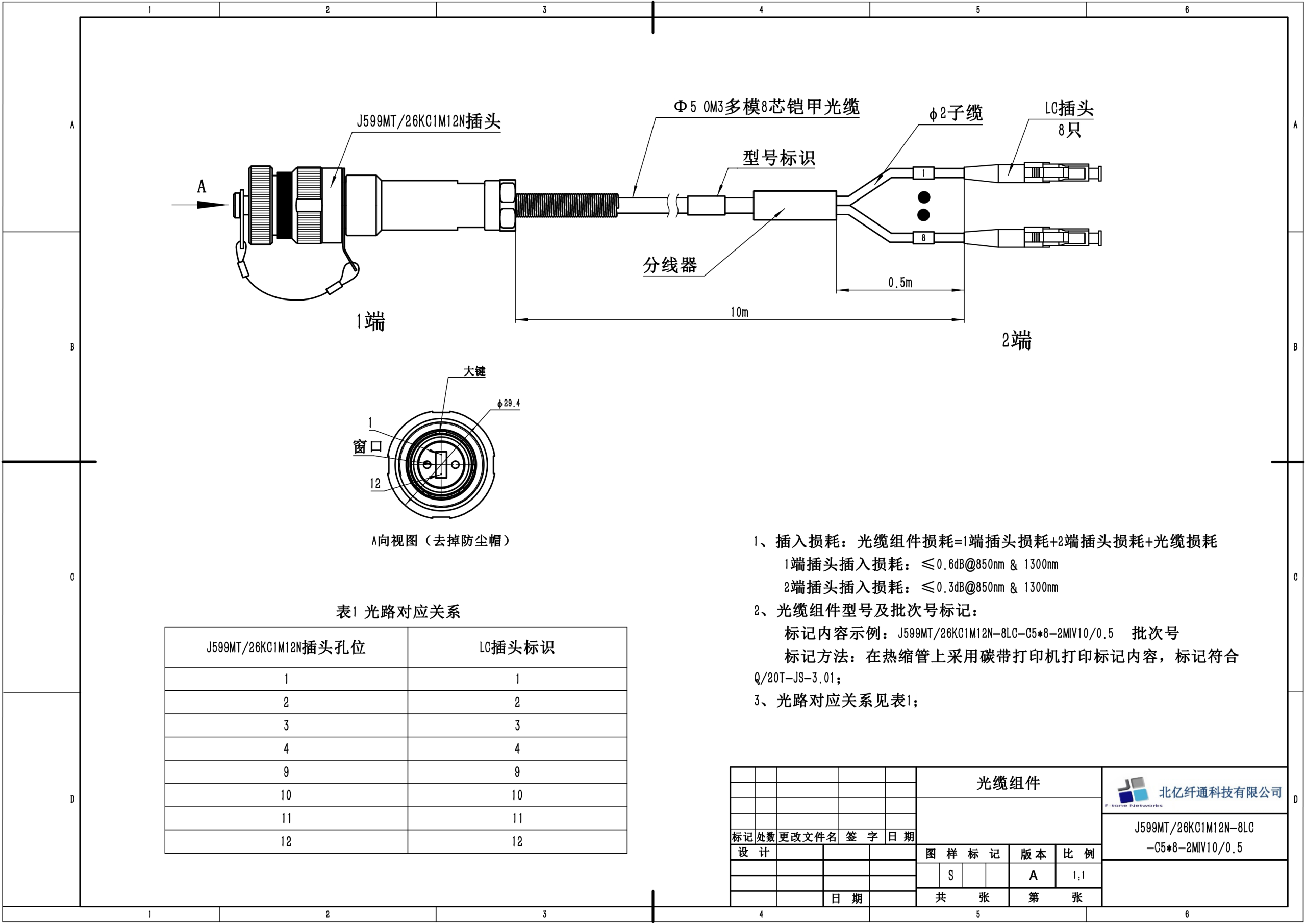 J599MT/26KC1M12N-8LC-C5*8-2MV10/0.5 REV.A 8×LC 分支光缆组件工程图纸