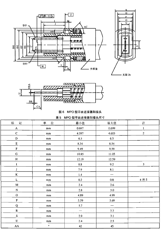 MPO型平面连接器阳插头尺寸