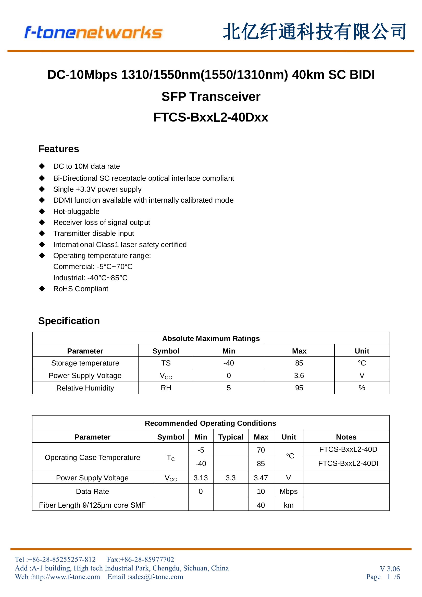 FTCS-BxxL2-40Dxx Specifications Page 1