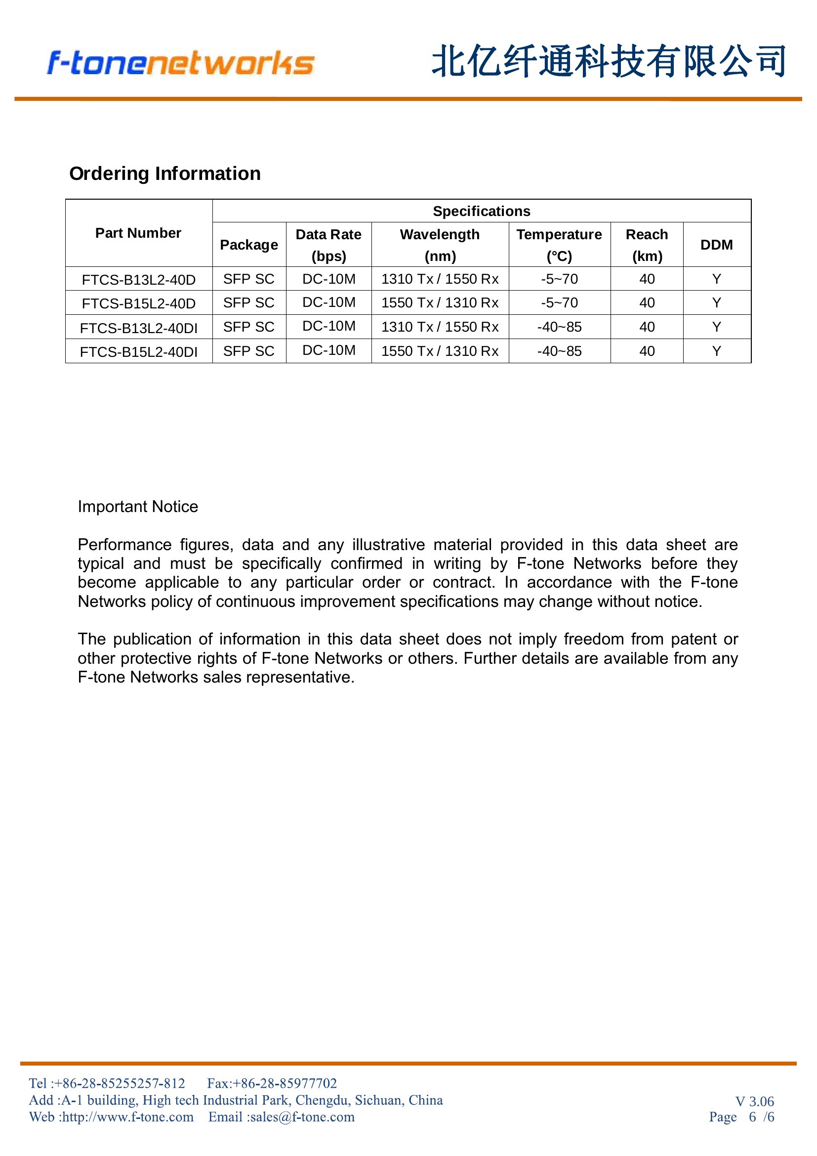 FTCS-BxxL2-40Dxx Ordering Information
