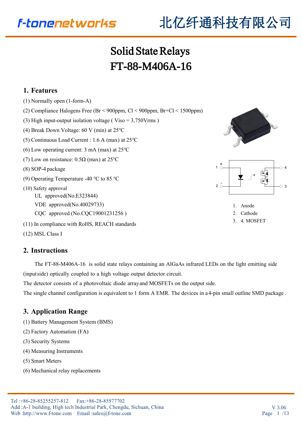 FT-88-M406A-16 Solid State Relay SOP-4 Package High Reliability