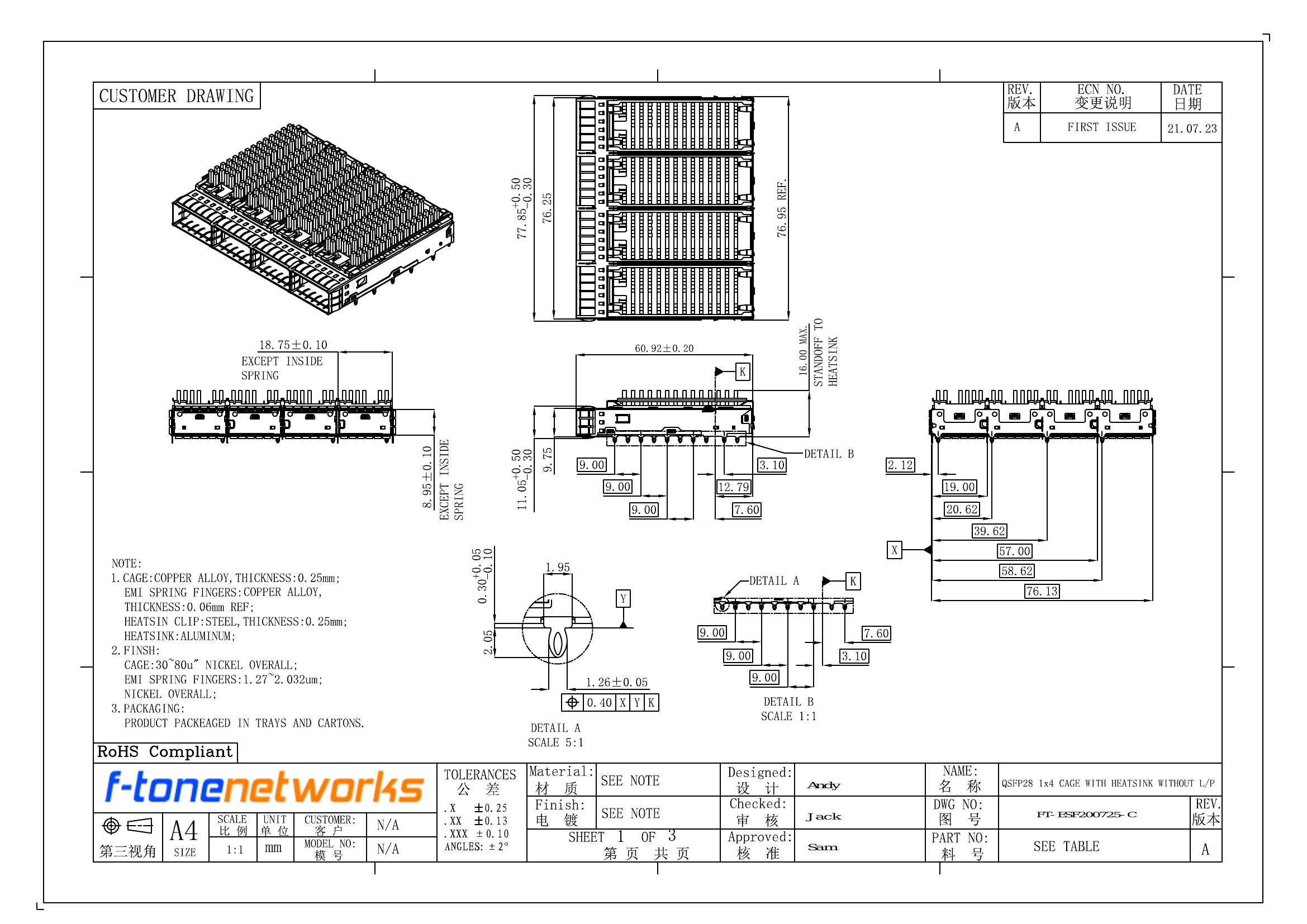 FT-ESF200725-C QSFP28 1x4 Cage with Heatsink