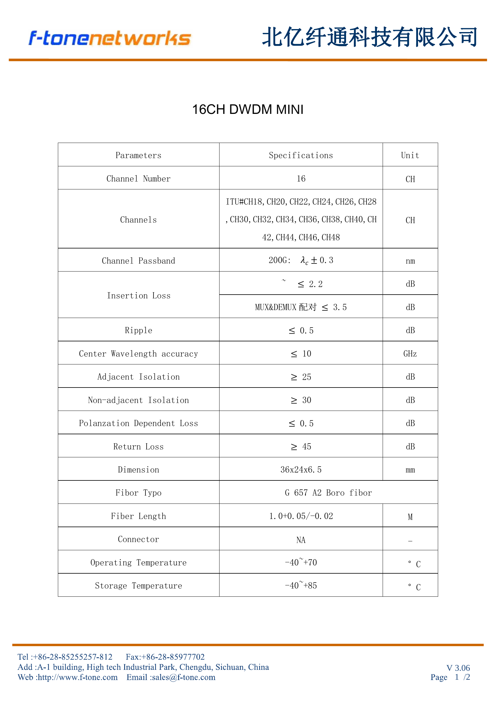 FT-74 16CH DWDM MUX/DEMUX Mini Module