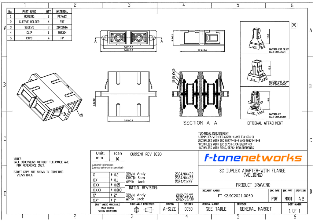 SC DUPLEX ADAPTER 带法兰焊接式 SC双工光纤适配器