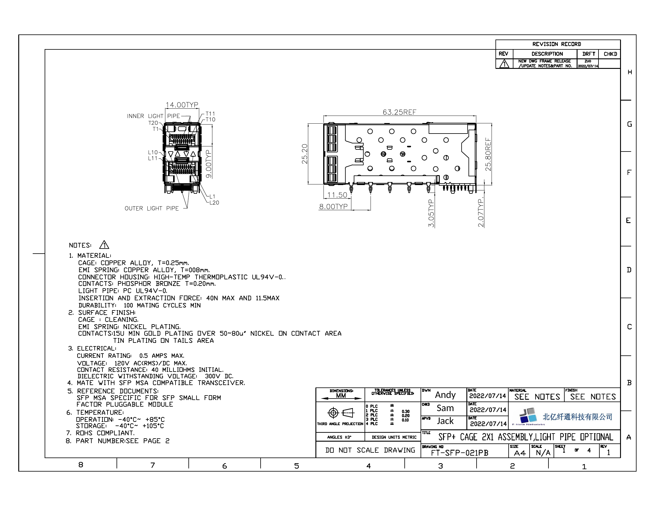 FT-SFP-021PB SFP+ CAGE 2X1 Assembly 整体工程图 FT-SFP-021PB 整体工程图纸